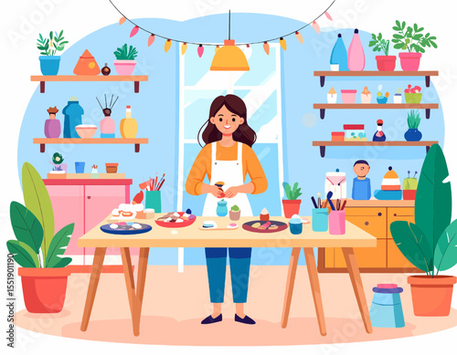 Cheerful Woman Crafting at Wooden Table in Bright Studio Workshop with Colorful Decoration Ornament Plants and Art Supplies in Indoor Setting