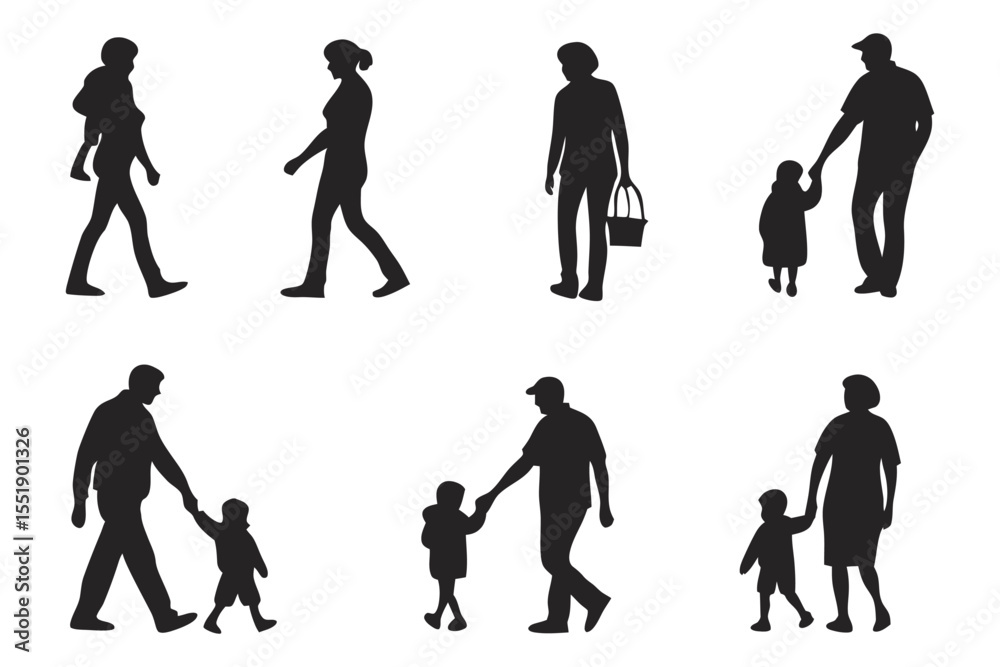 Fototapeta premium Family Silhouettes in Motion: Silhouette of families and people walking isolated, creating a minimalistic and evocative scene of life's simple moments and the interconnectedness of people. 