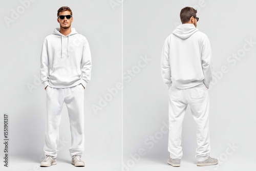 A young man wearing a white hoodie and sweatpants sports suit mockup, standing confidently with hands in pockets. He has sunglasses on and is facing both front and back.
