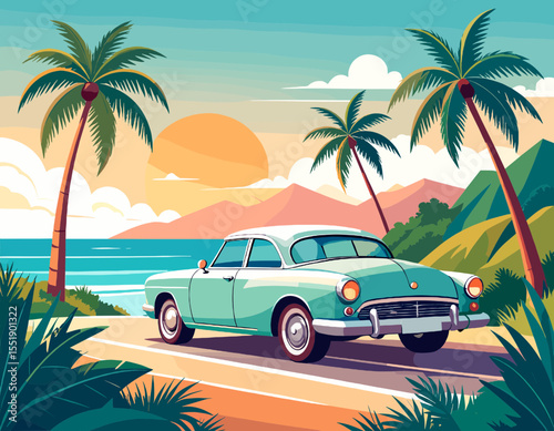 Classic Light Blue Car Driving on Coastal Road with Palm Trees, Turquoise Ocean and a Warm Sunset Sky in a Pixel Art Style