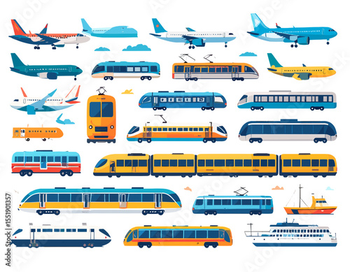 Collection of Airplanes Trains Buses and Ferries in Colorful Pixelated Style Illustration for Transportation and Travel Themed Designs