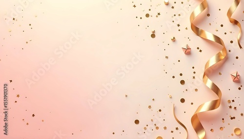 Festive Gold Ribbon and Confetti on a Pastel Pink Background. A celebratory image featuring gold confetti, ribbon, and small origami-style decorations scattered on a soft, pastel pink background.
