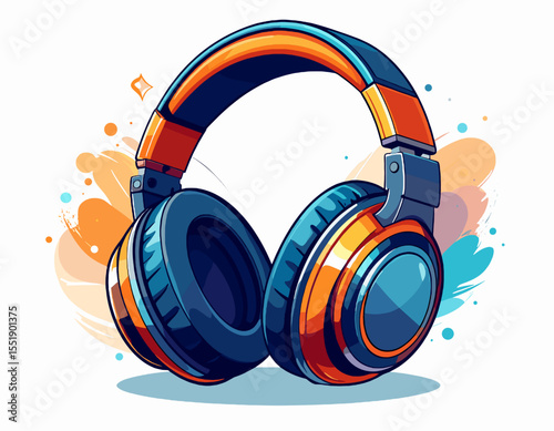 Close Up View of Blue and Orange Pixelated Headphones with Splashes of Watercolor Paint