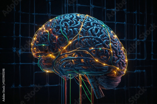Human brain made of interconnected wires and lights showing artificial intelligence concept