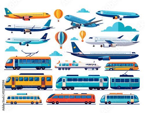 Collection of Pixelated Airplanes Trains Buses and Hot Air Balloons in Vector Style on White Background for Transportation and Travel Concepts