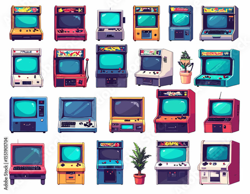 Collection of Retro Arcade Game Machines in Pixel Art Style with Vibrant Colors on White Background