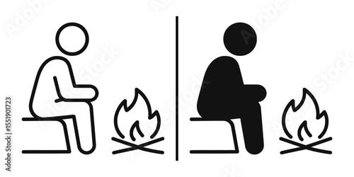 Contrasting Campfire Companions: Two figures, one light, one dark, sit side-by-side before separate campfires, their silhouettes conveying introspection and solitude.