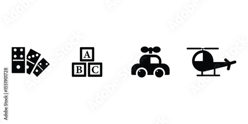 Toy icons set with domino blocks alphabets car helicopter vector illustration for children fun and educational play.