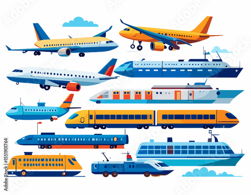 Collection of Transportation Vehicles Including Airplanes Trains and Ships in Bold Blue Yellow and White on a Clean White Background
