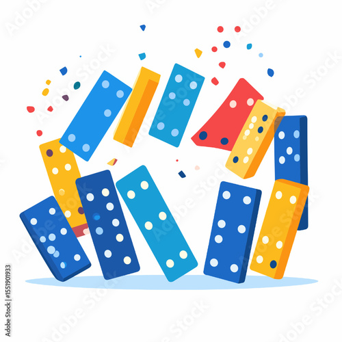Colorful Domino Tiles Falling in Circular Pattern on White Background With Scattered Confetti Symbolizing Chain Reaction