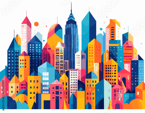 Colorful Geometric Cityscape with Tall Buildings and Skyscrapers against White Background in Flat Design