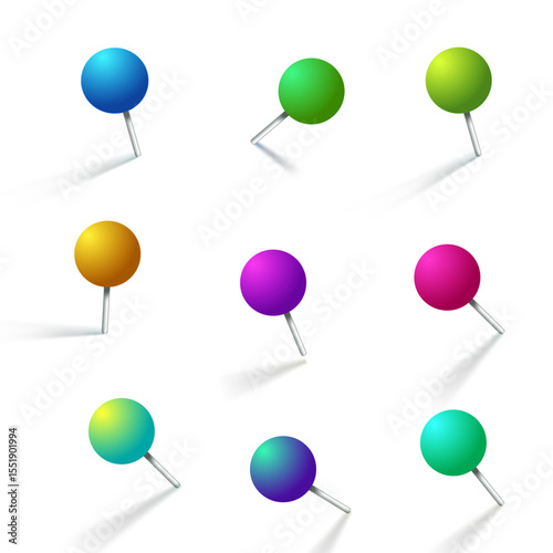 Set of realistic plastic round thumbtack in different angles.