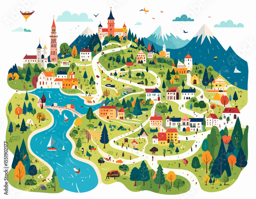 Colorful Map Illustration of a Quaint European Town with Mountains and Rivers in Background