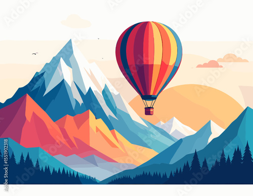 Colorful Pixel Art Hot Air Balloon Over Mountain Landscape Against Warm Sky Background