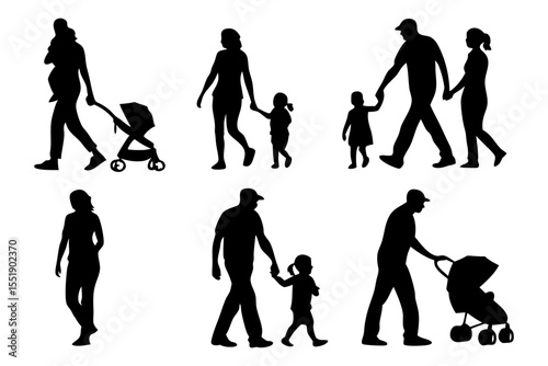 Family silhouettes in motion: A collection of silhouettes depict families in various moments of togetherness, walking, and interacting, embodying the essence of family life and parenthood.