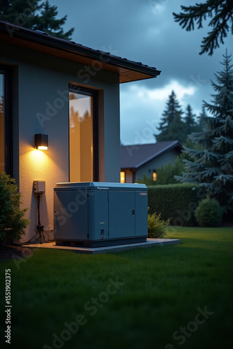 Emergency generator set up outside the house, storm clouds approaching
