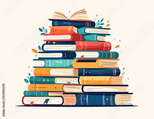 Colorful Stack of Books with Open Volume and Botanical Accents on White Background Depicting Academic Resource and Literary Composition