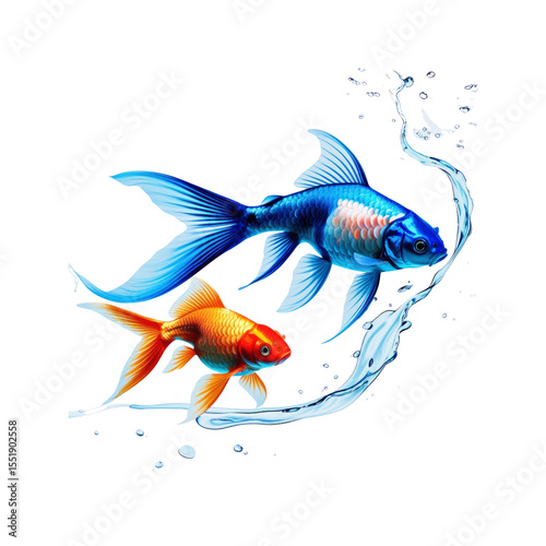 Vibrant Blue and Orange Koi Fish Swimming in Water Stream, Digital Art Illustration