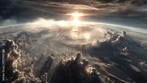 Dramatic View of Earth From Space With Sunrise Over Clouds And Atmospheric Glow In Beautiful Shades Of White And Grey