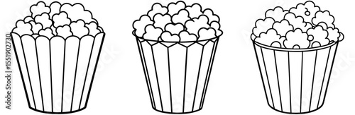 Set of Popcorn Cups Vector Icons - Black and White Line Art Sketch for Movie, Cinema, and Snacks