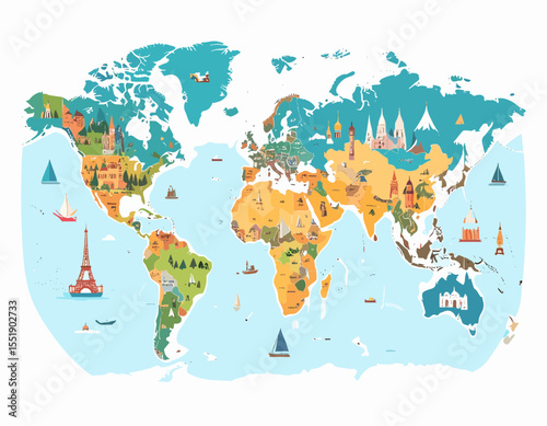 Colorful World Map Featuring Iconic Landmarks and Architectural Marvels Vector Illustration