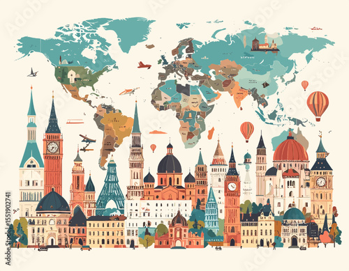 Colorful World Map with Famous Architectural Landmarks and Travel Destinations Illustration on Beige Backdrop
