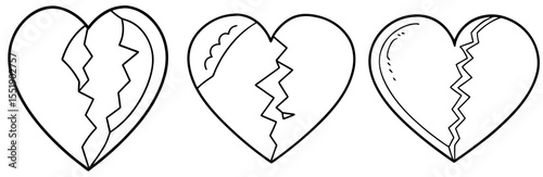 Set of Broken Heart Black and White Vector Icons - Line Art Sketch for Sadness, Breakup, and Failed Love