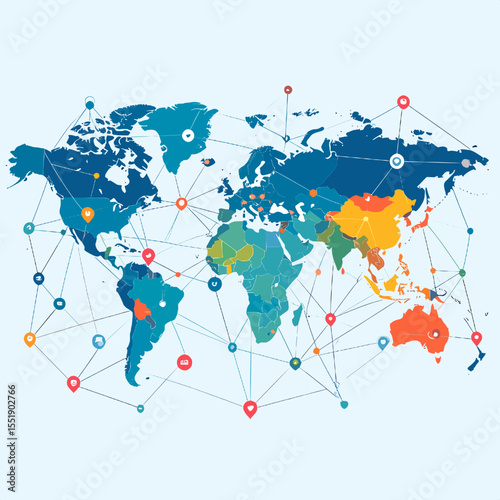 Colorful World Map with Global Network Connections Featuring Points and Lines Over Continents and Oceans on a Light Blue Background