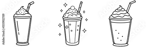 Set of Cold Drink Milkshake Icons - Black and White Vector Line Art Sketch for Dessert and Beverage Menus