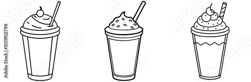 Set of Cold Drink Milkshake Icons - Black and White Vector Line Art Sketch for Dessert and Beverage Menus