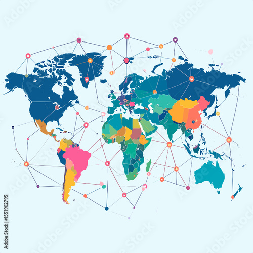 Colorful World Map with Network Connections Connecting Continents and Countries Displaying Interconnected Global Communication in Blue Background