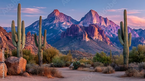 Desert Landscape with Cacti and Mountains