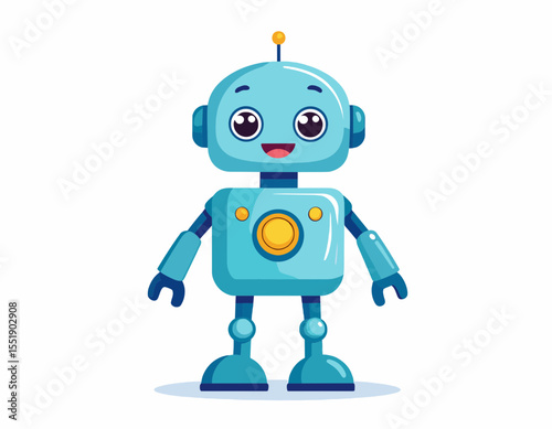 Cute Cartoon Robot Character with Blue Body and Yellow Button Isolated on White Background