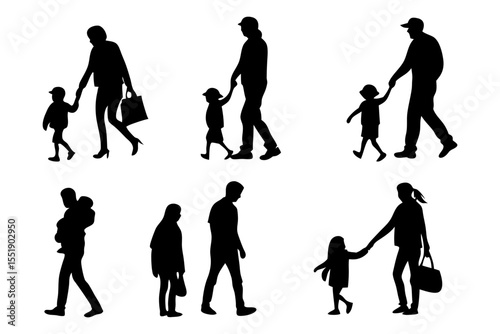 Family Silhouette Collection: A collection of silhouette images depicting family members holding hands while walking, representing the simple joys of everyday life and human connection.