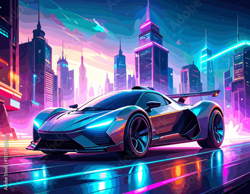 Cyberpunk Style Pixel Art Car Driving in Futuristic Cityscape at Night with Neon Lighting and Reflections