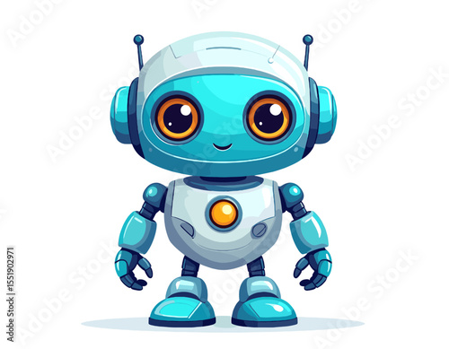 Cute Pixel Art Robot Character with Blue and White Color Scheme on Isolated White Background