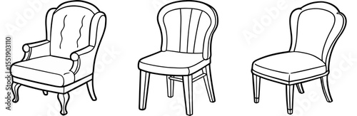 Vintage Furniture Chair Vector Set: Armchair, Dining, Classic, Interior Design, Outline Icon