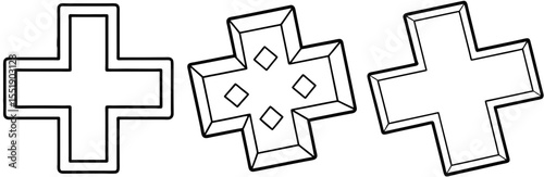 Plus Sign Cross Vector Set: Medical, Health, Pharmacy, Addition, 3D Outline Symbol