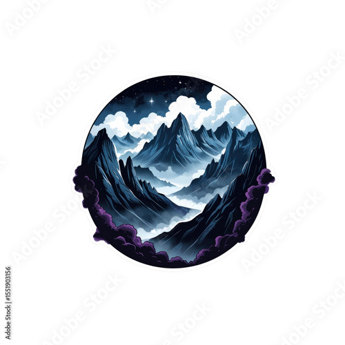 Mystical Night Mountains in a Circular Frame Vector Illustration