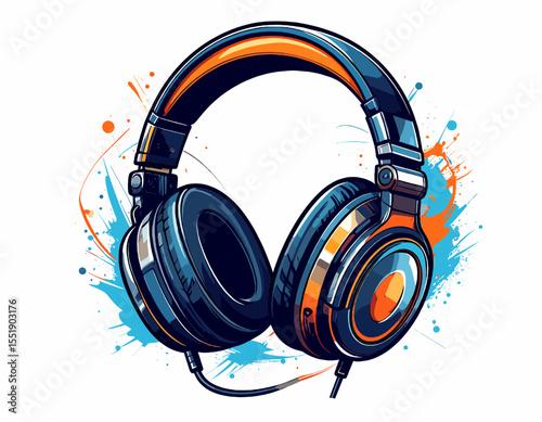 Detailed Pixel Art Illustration of Black and Blue Headphones with Orange Highlights on a White Background Splattered with Blue and Orange