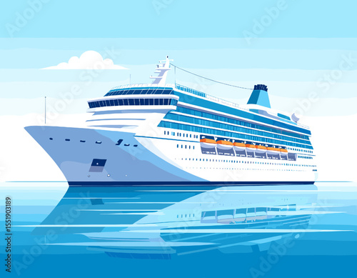 Detailed Pixel Art of a Large White Cruise Ship on Calm Blue Water with Reflections Under a Clear Sky Vacation and Travel Concept