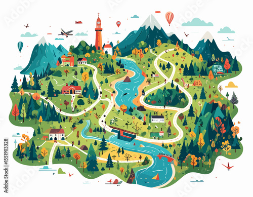 Detailed Topographic Landscape Map Illustration Featuring Winding Roads Rivers and Diverse Terrain with Green Forest and Blue Mountain Peaks