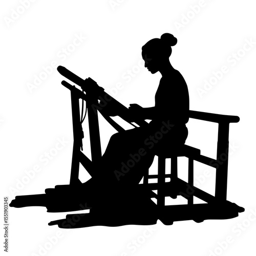 Woman weaving on loom silhouette in a workshop setting  