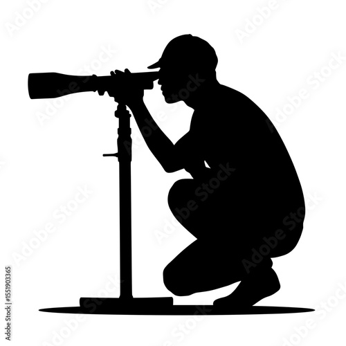 Silhouette of a man squatting and aiming with a telescope  