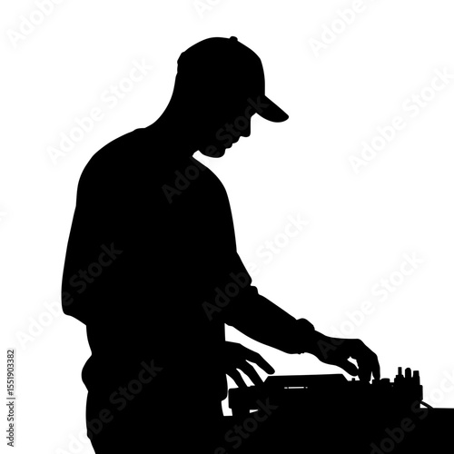 DJ silhouette performing with equipment in dark background  