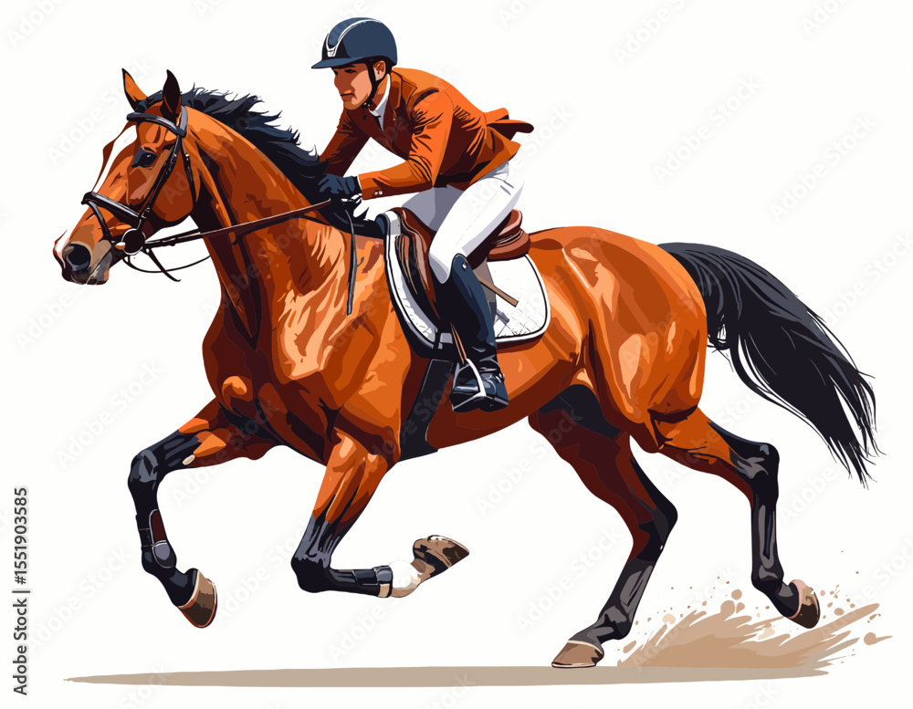 Digital Illustration of a Bay Horse and Jockey at Full Speed in Orange Outfit and Dark Helmet on White Background