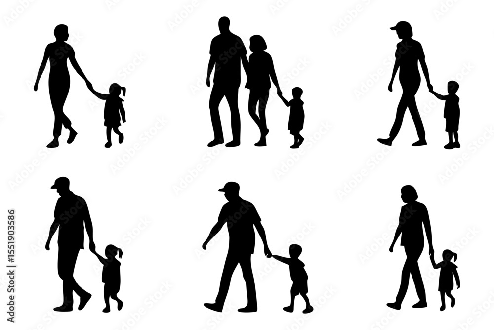 Fototapeta premium Family Silhouette: Silhouette of family enjoying a leisurely walk, the outlines create a sense of unity, togetherness and connection, ideal for illustrating themes of family, travel and leisure.
