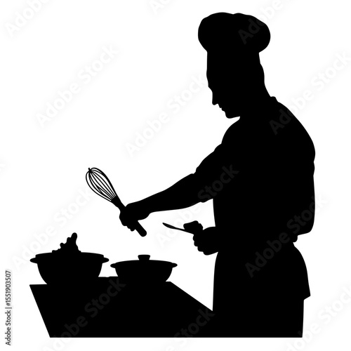 Chef silhouette mixing ingredients with whisk in kitchen  