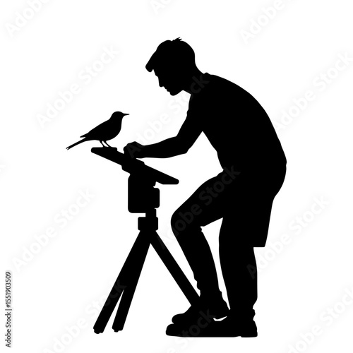 Silhouette of man observing bird perched on tripod in nature  