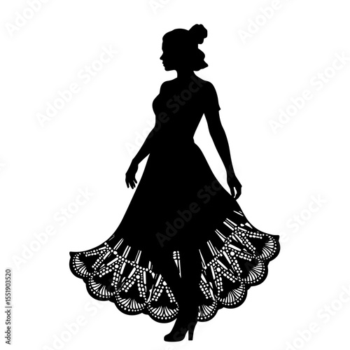 Silhouette of a woman in elegant dress with intricate lace design  